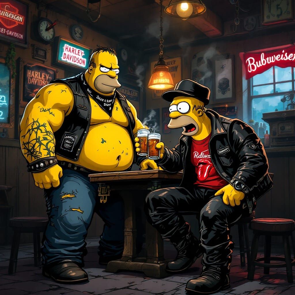 Biker Icons Homer Simpson and Peter Griffin in Gritty Biker....