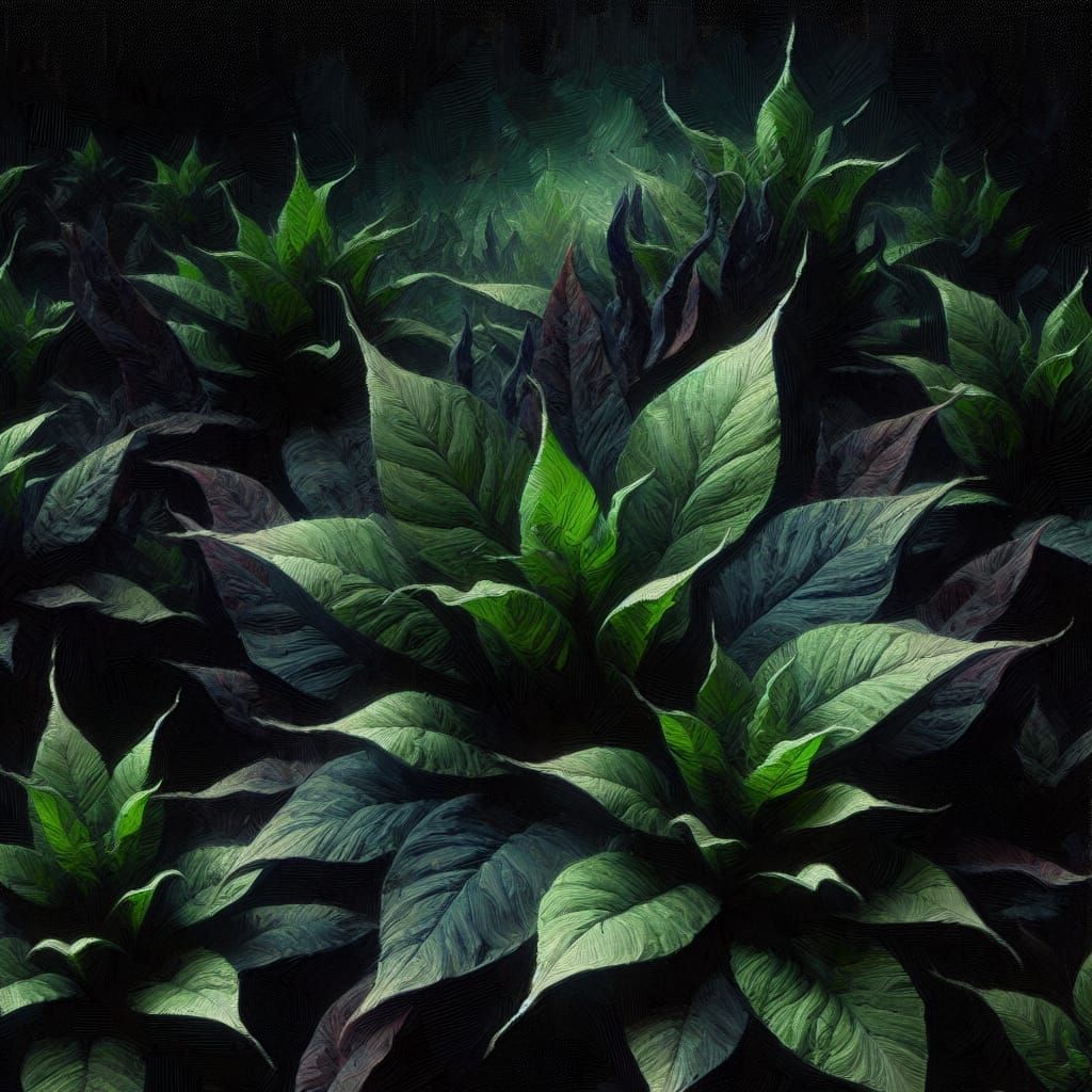 Eerie Purple Trimmed Leaves in Dark Fantasy Oil Painting