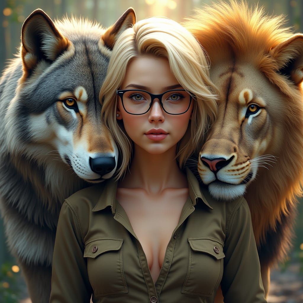 Elegant Woman Surrounded by Majestic Beasts in a Dynamic, Hy...