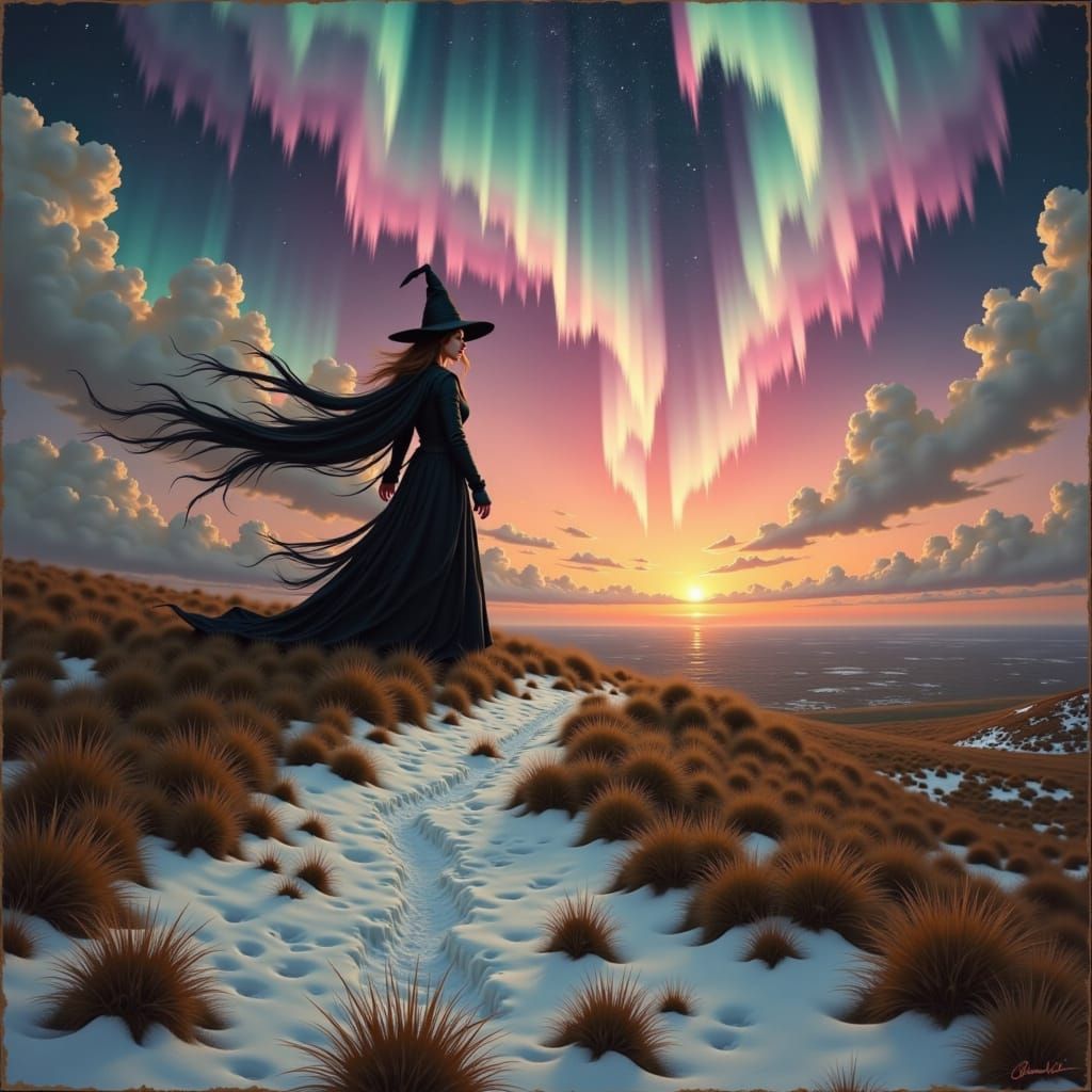Gothic Witch on Windswept Moor Under Swirling Auroras