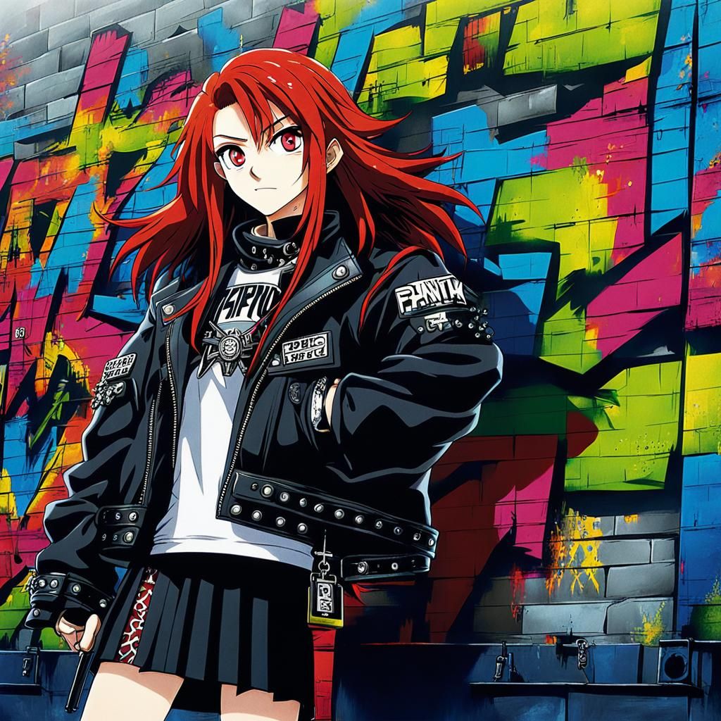 Punk Girl with Red Hair in Anime Style
