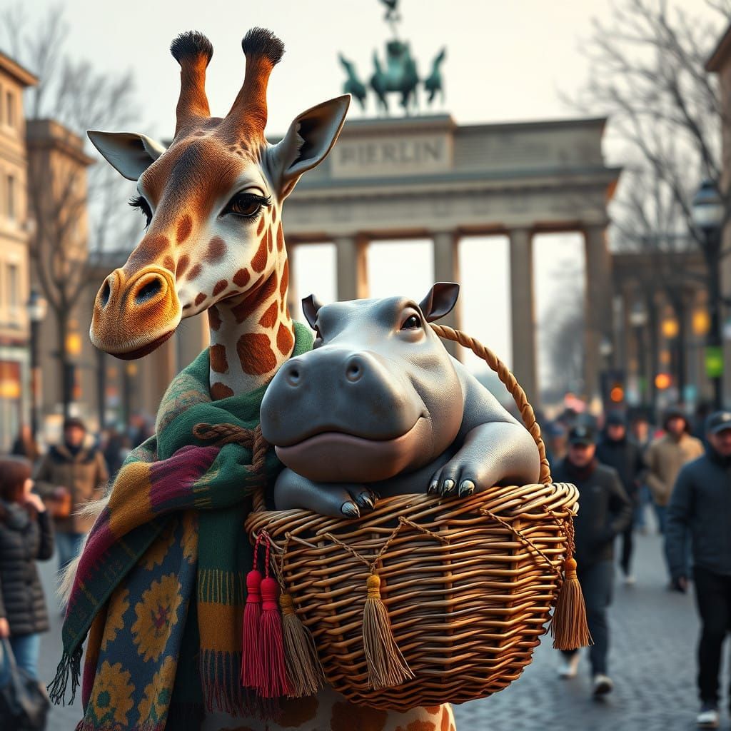 Surreal 3D Anime Art of a Giraffe Carrying a Hippo in Berlin