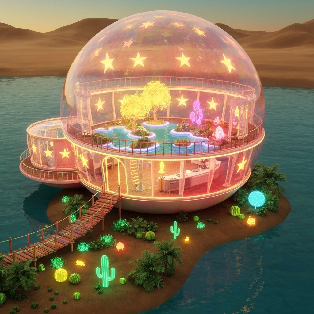 Luminous Crystal Bubble House Floating Above Tropical Lake