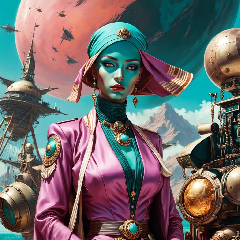 Turquoise Alien Pirate Captain in Art Nouveau Style