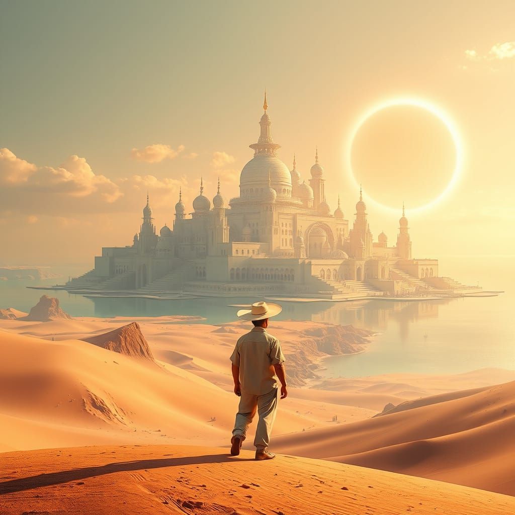 Man Stands at Desert's Edge, Gazing Upon Majestic Oceanic Ki...