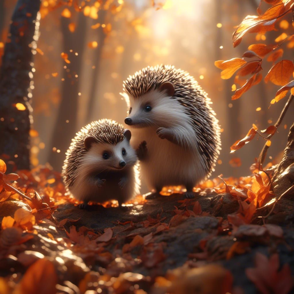 Cute Hedgehogs Playing in Autumn Leaves: 3D Anime Art