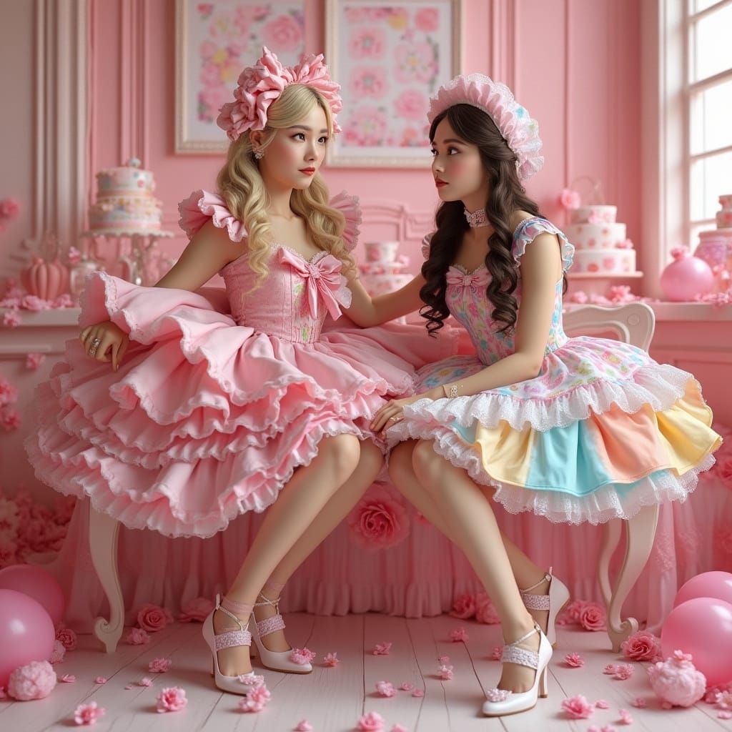 Elegant Women at a Whimsical Tea Party in Pastel Colors