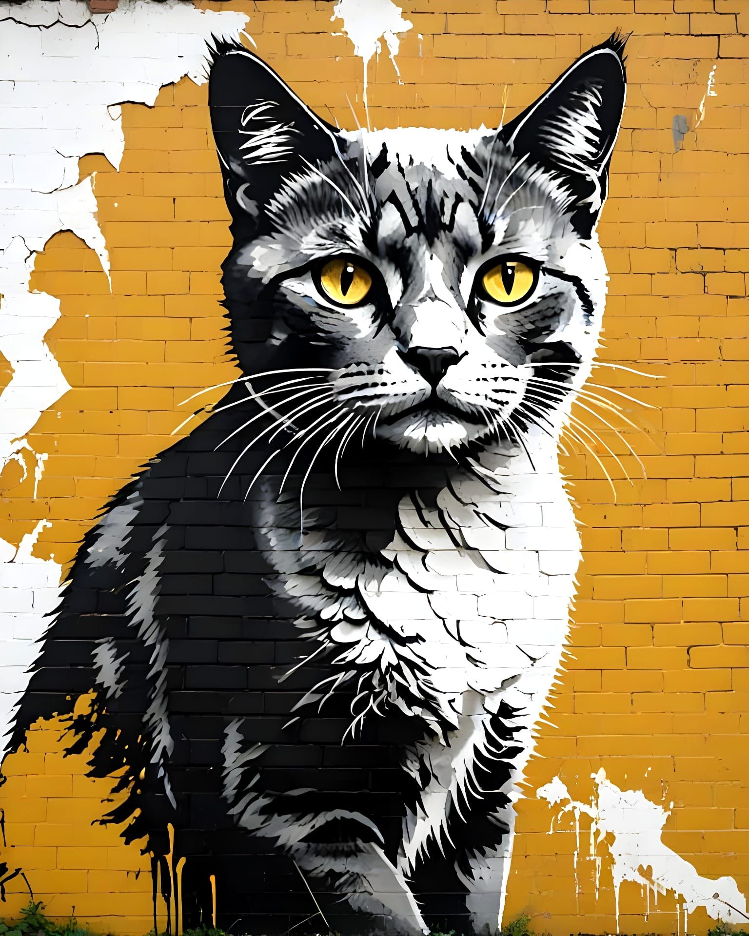 Surrealist Cat Silhouette in Vintage Street Art Style