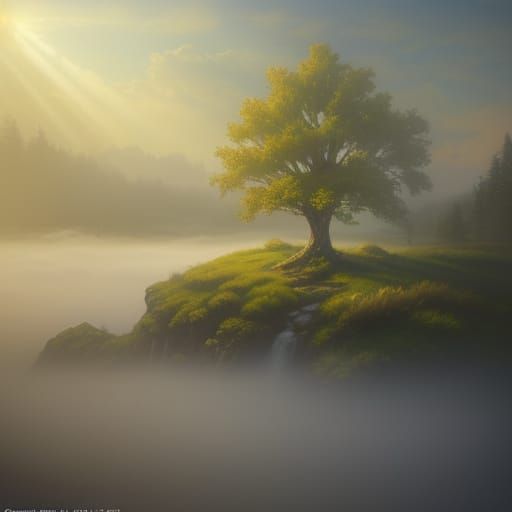 Small Tree in Mist: Hyperrealistic Concept Art