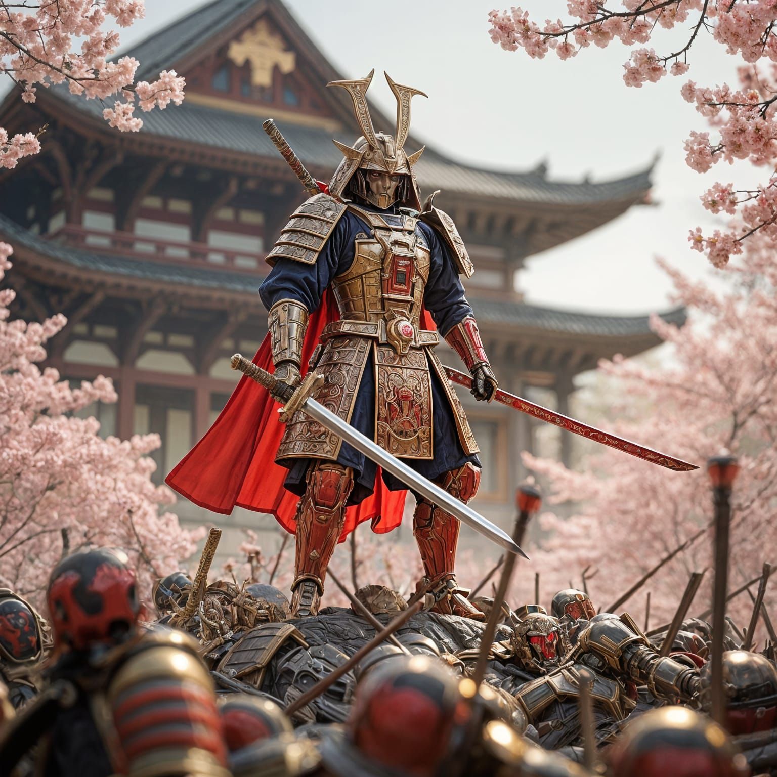 Samurai in Crimson Gundam Armor with Cherry Blossoms