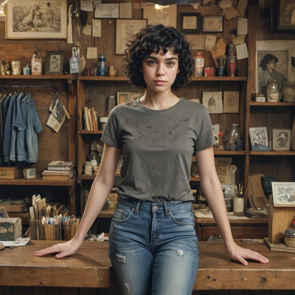 Woman in Antique Store: Watercolour Ink Illustration