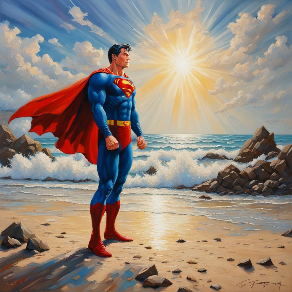 Superman on the Beach: Oil Painting by Gurney