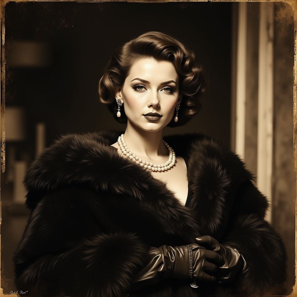 1950s Hollywood Starlet in Glamorous Fur and Pearls