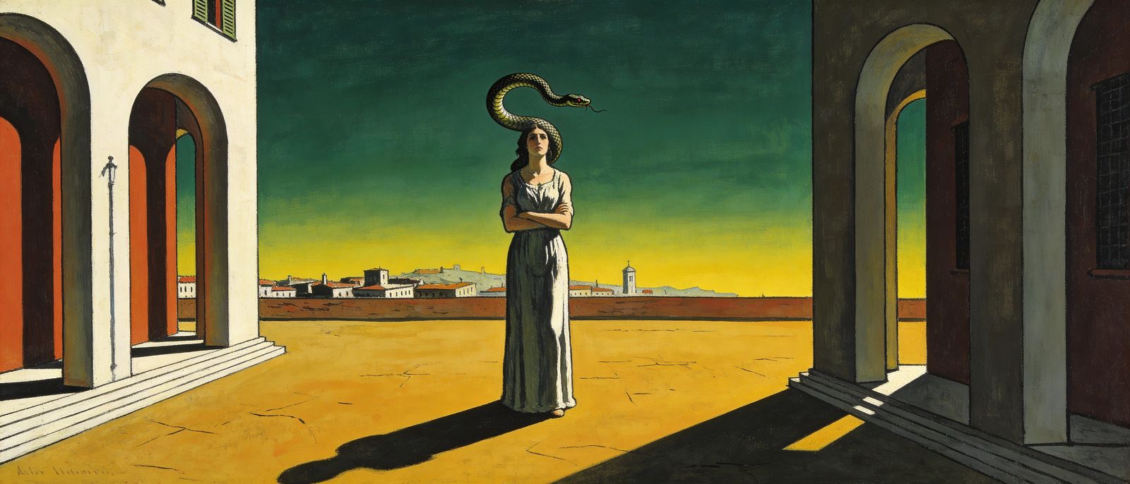 Woman in Desolate Piazza with Circling Asp