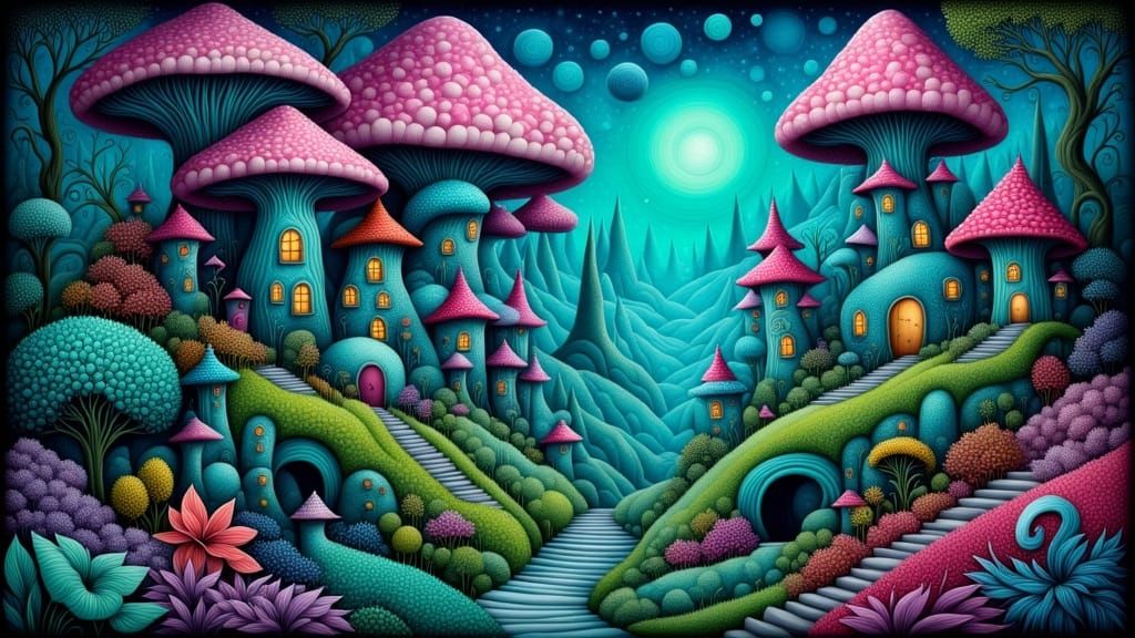 Enchanting Mushroom Village in Bioluminescent Forest