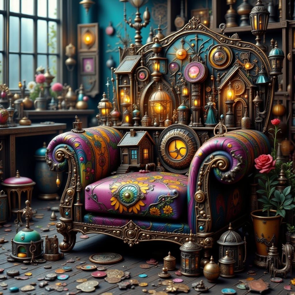 Punk Chair With Miniature Fishing Village Decorations