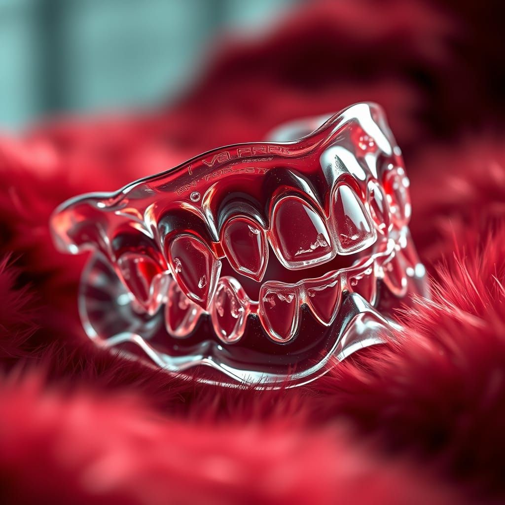 Hyperrealistic Glass Vampire Dentures on Red Fur