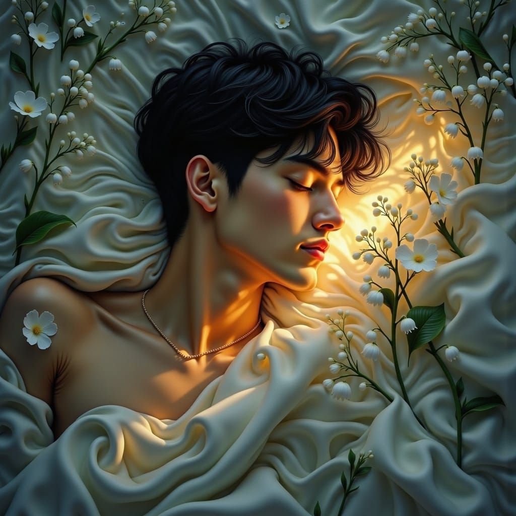 Man in Bed with Lilies, Photorealistic Style