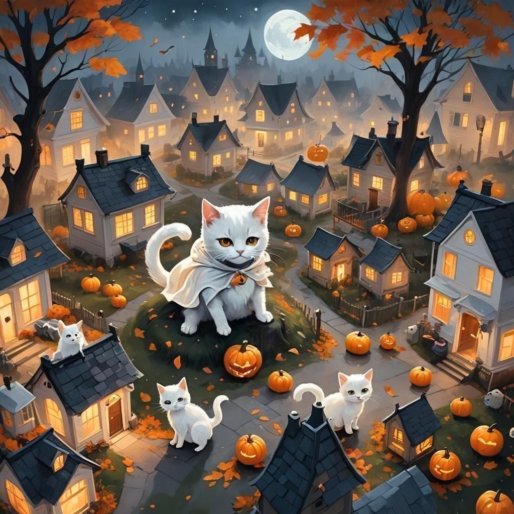 Ghost Kitten Trick-or-Treating: Detailed Digital Painting