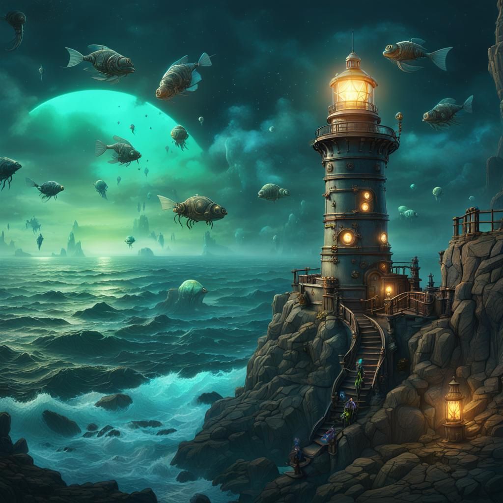 Steampunk Lighthouse Over Bioluminescent Sea: Detailed Matte...