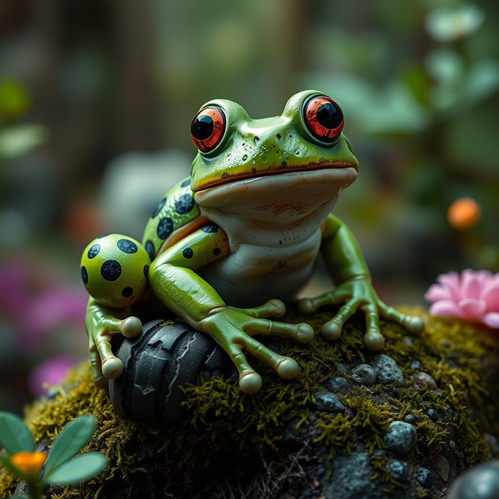 Surreal Frog with Tire Body on Mossy Rock