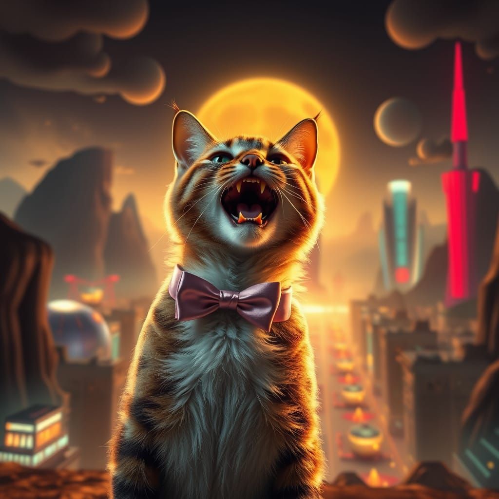 Cat in Elegant Attire in Dystopian Cityscape