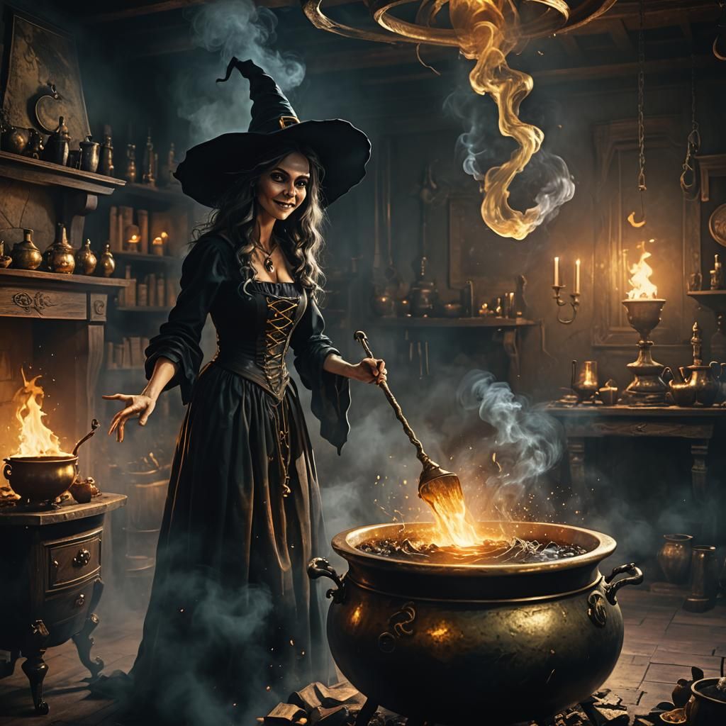 Whimsical Witch Stirring Cauldron in Dark Fantasy Style