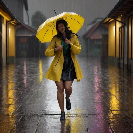 Joyful Young Girl Dances in the Rain, African Village Oil Pa...