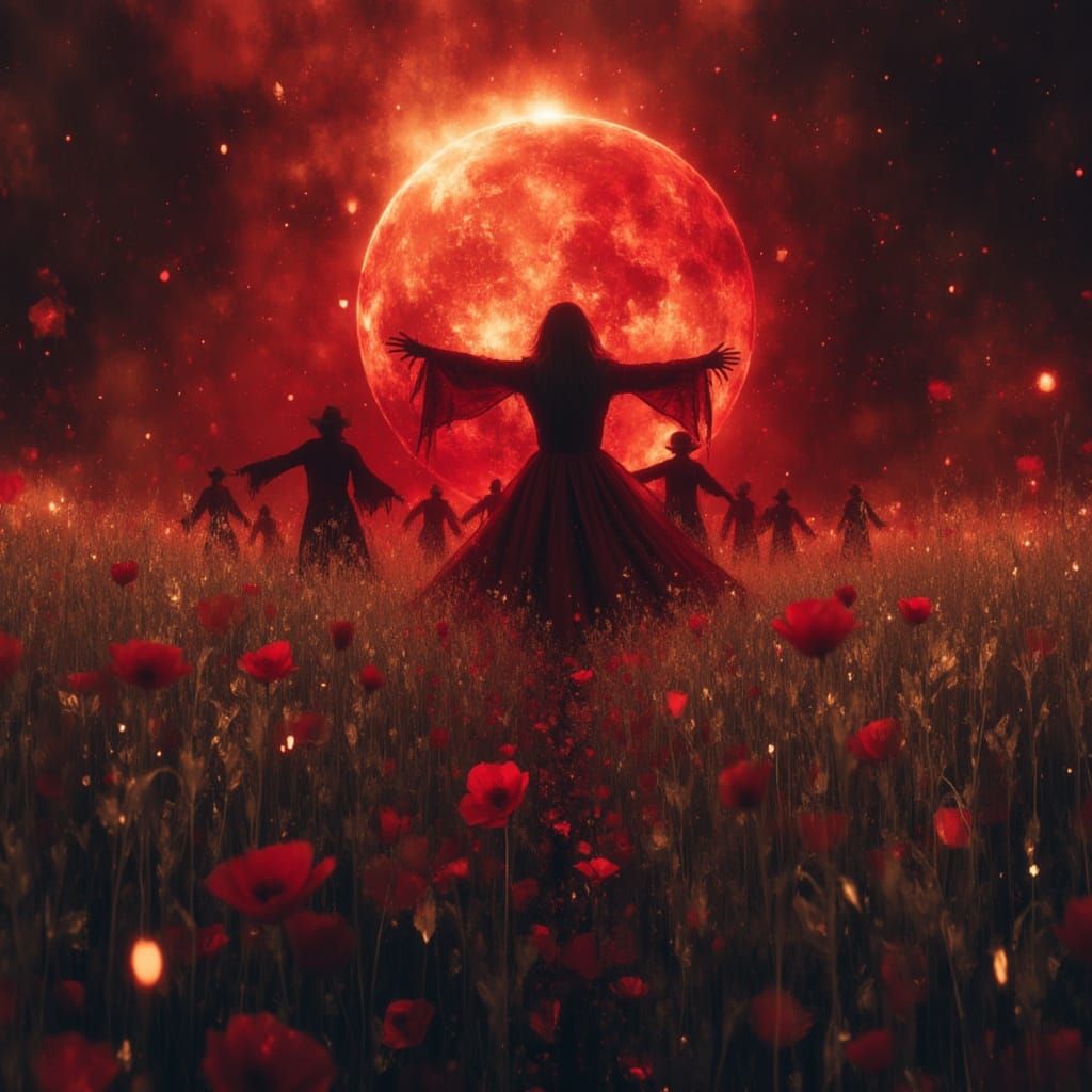 Scarecrows Dance Under Blood Moon in Ethereal Field