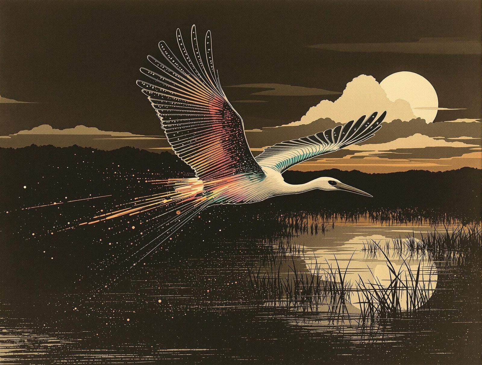 Solitary Ibis in Sepia Twilight Flight