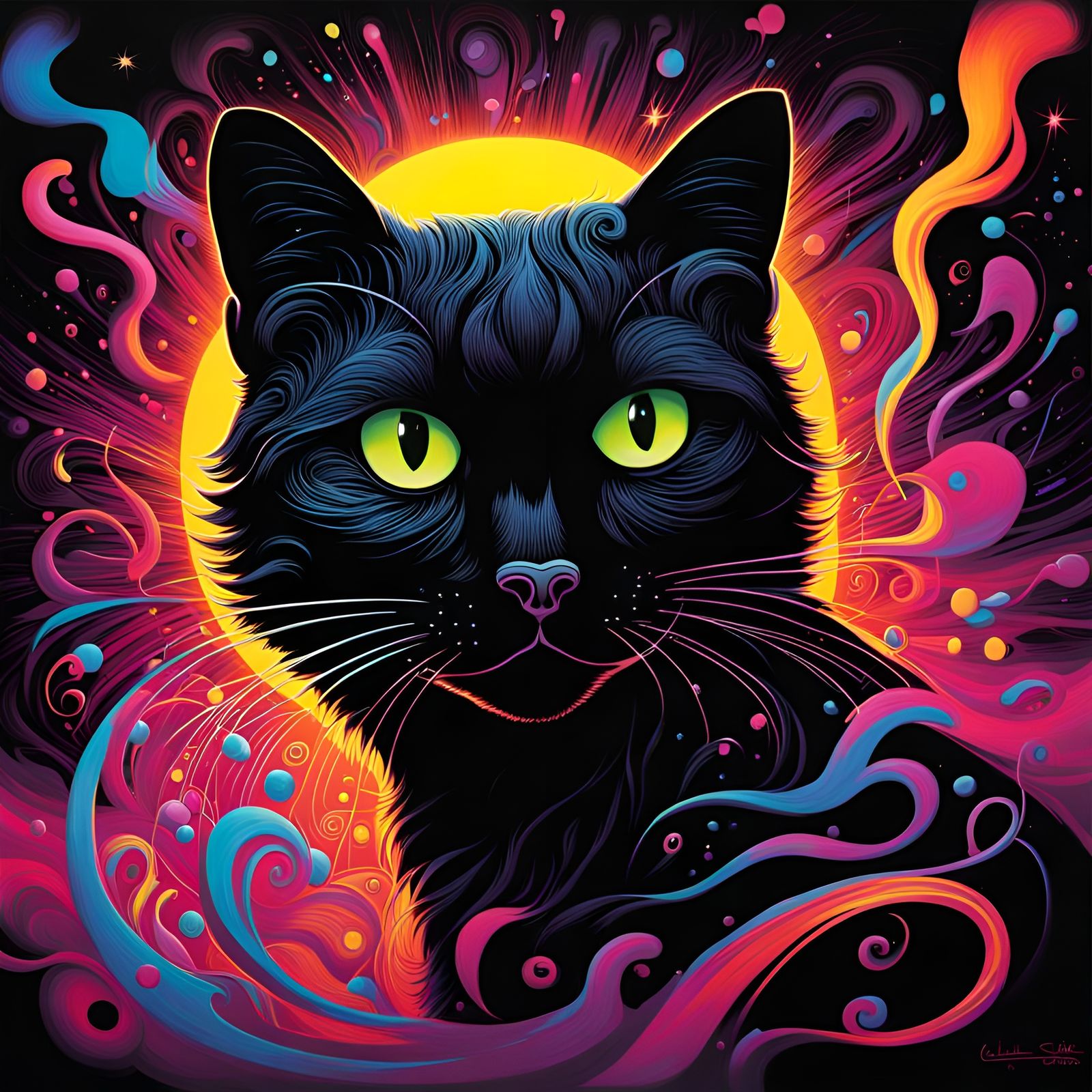 Surreal Cat in Glowing Landscape with Light Fragments