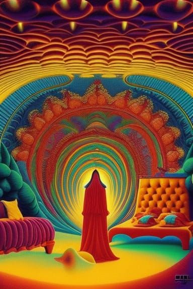 Surreal Sun and Moon Bed with Mushroom, Ornate Art