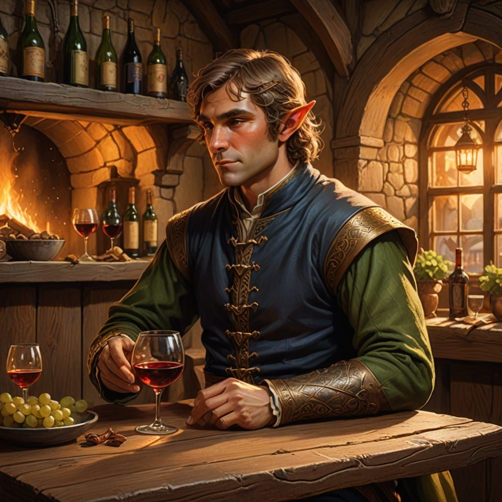 Elf Male Drinking Wine in Medieval Inn