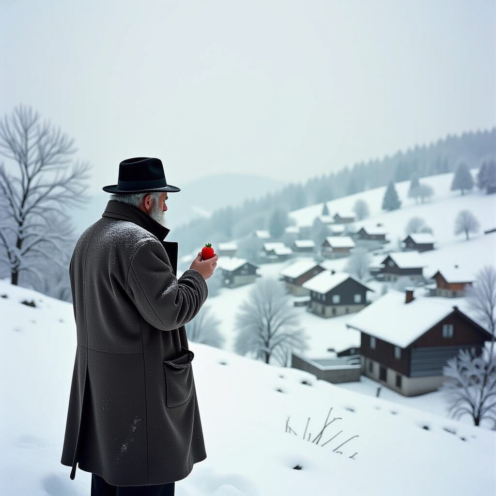 Jewish Man Contemplates Winter Village with Strawberry, Vint...