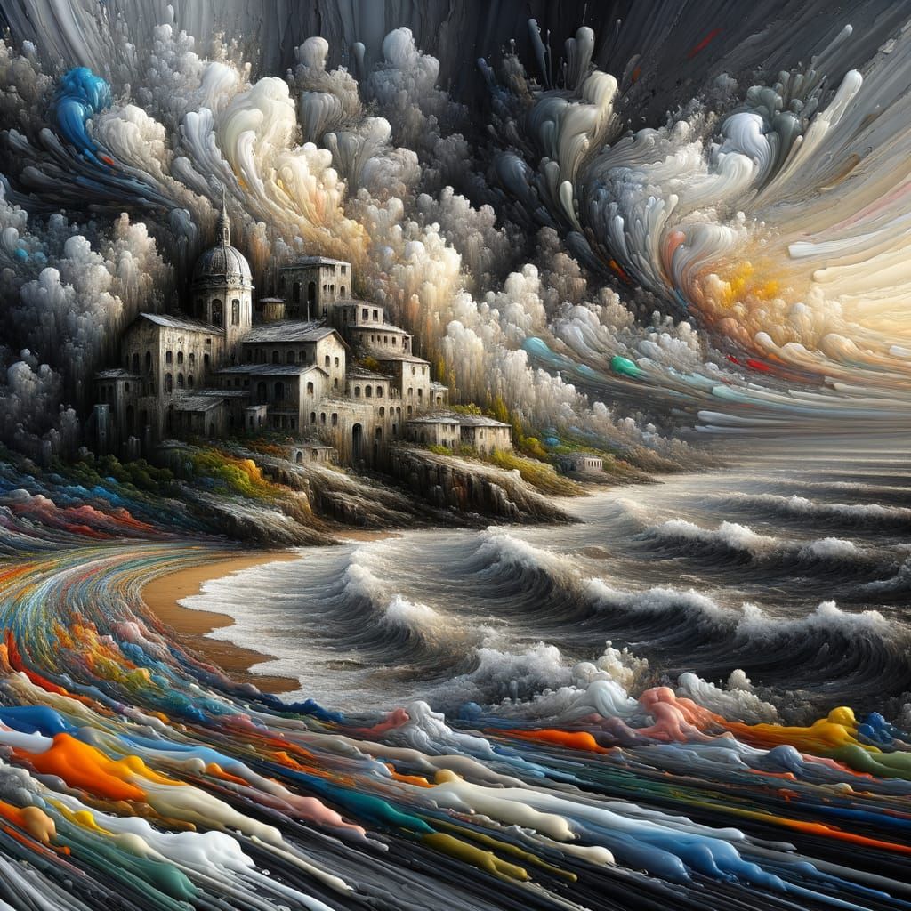 Surreal Oil Painting of Classic Village Emerging from Darkne...