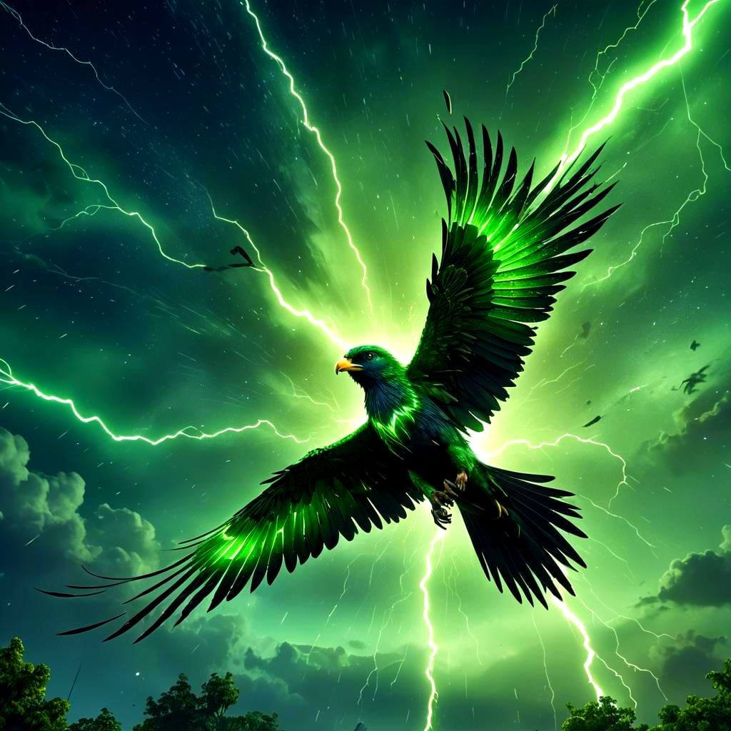 Cybernetic Bird Flying in Electric Night Sky