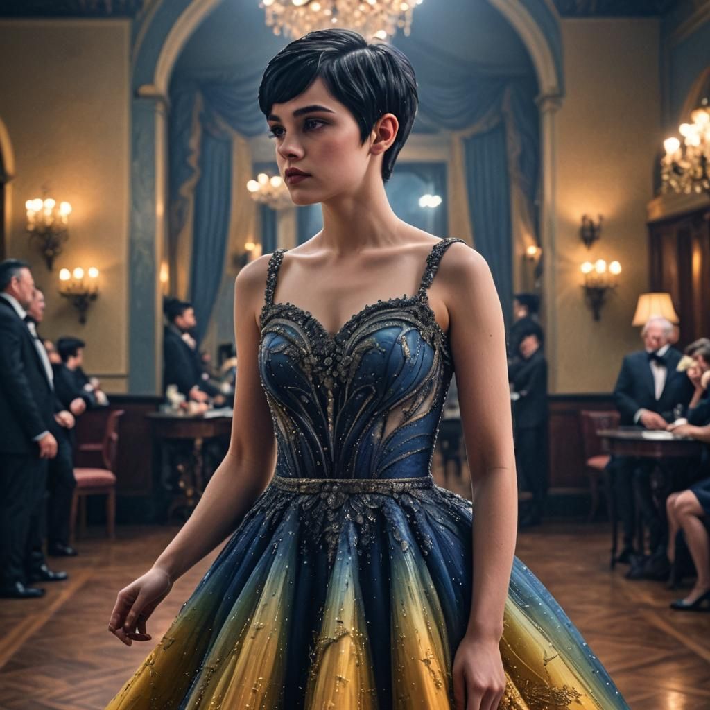 Woman in Twilight Gown in Ballroom, Hyperrealistic