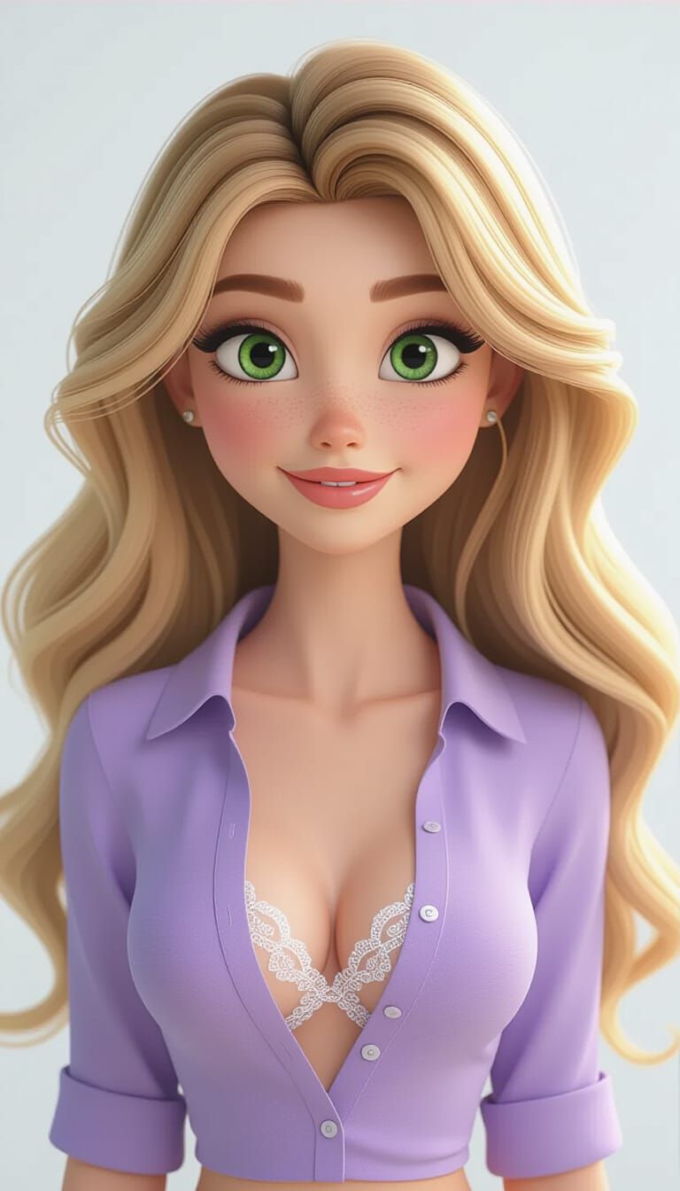 3D Cartoon Woman with Wavy Hair in Pixar Style