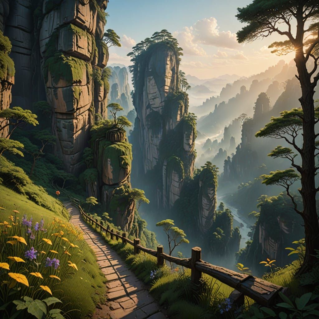 Hyper-Realistic Sunrise Scene in Zhangjiajie National Forest...