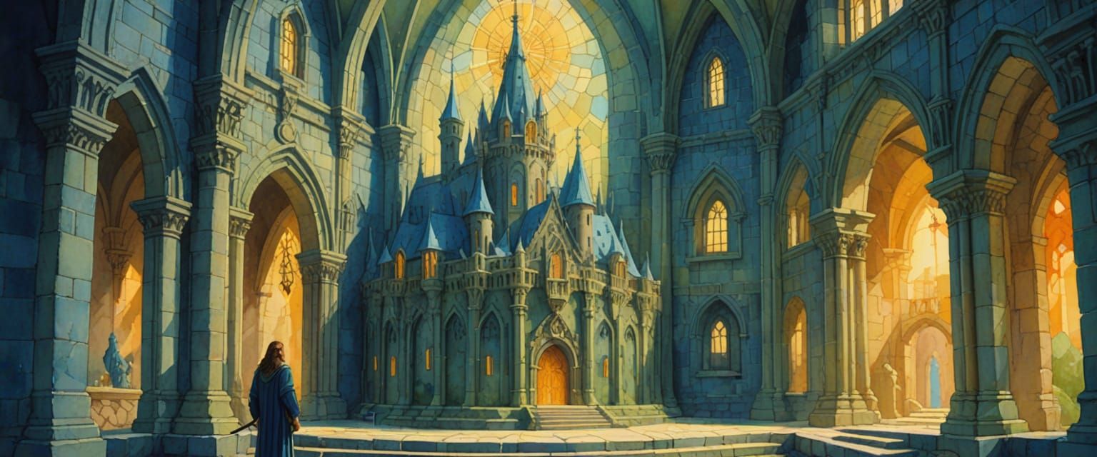 Christ in Faerie Castle Monastery: Watercolor Gouache