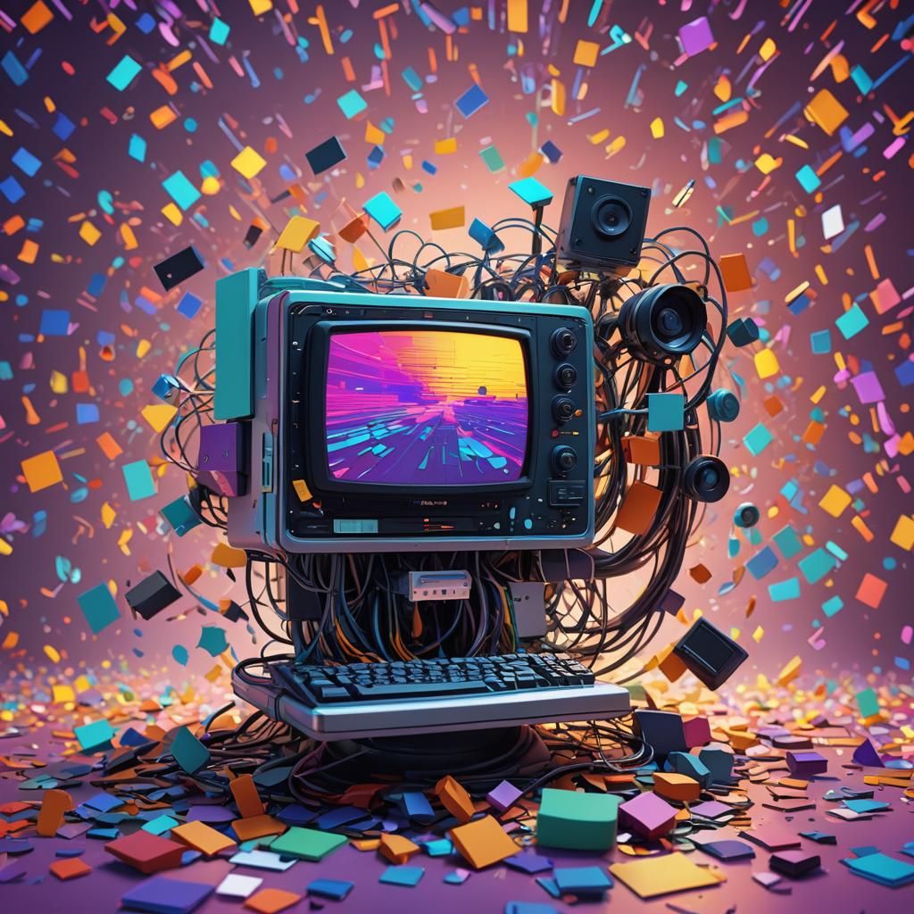 Glitched Computer in Pixar-Style 3D Rendering