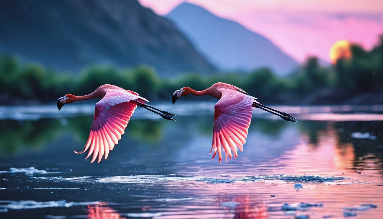 Flamingos in Flight at Twilight