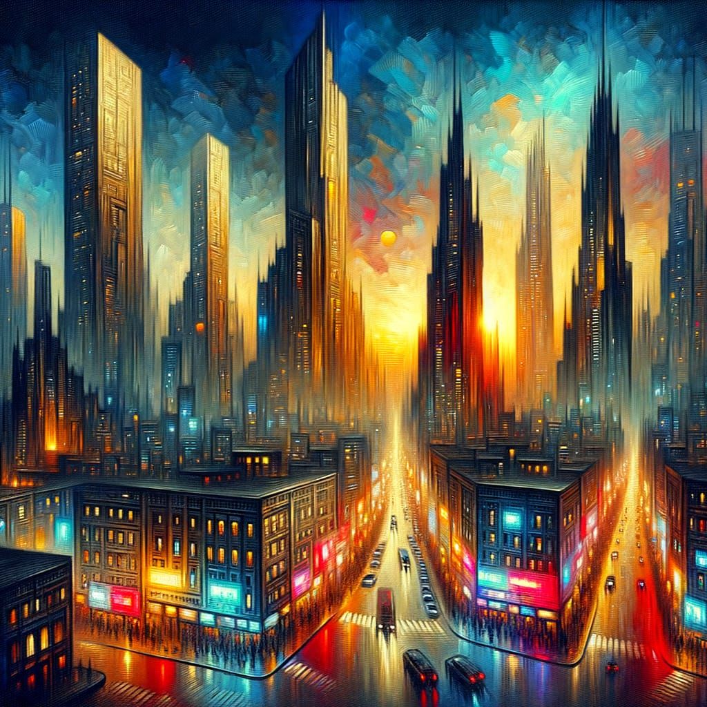 Futuristic Cityscape at Dusk: An Oil Painting