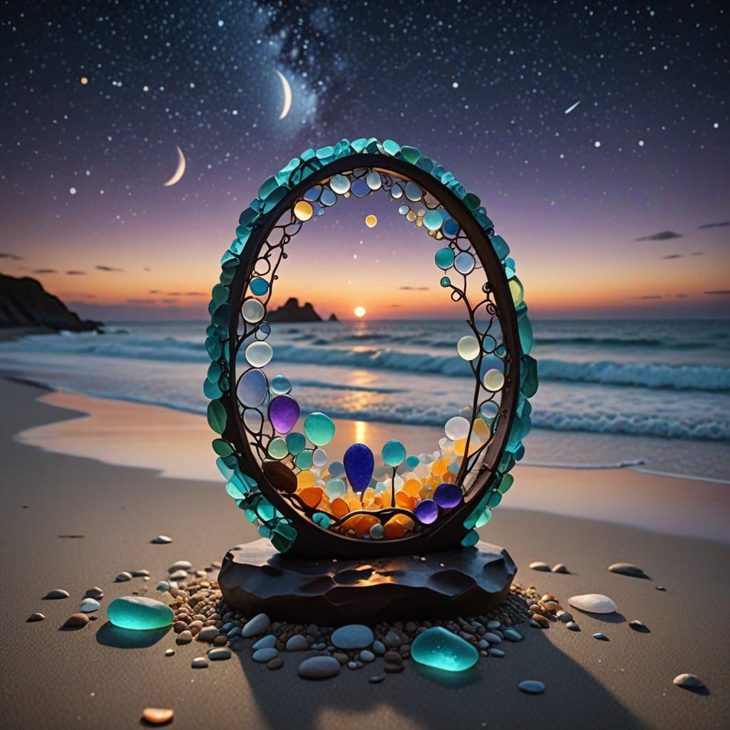 Sea Glass Sculpture on Moonlit Shore