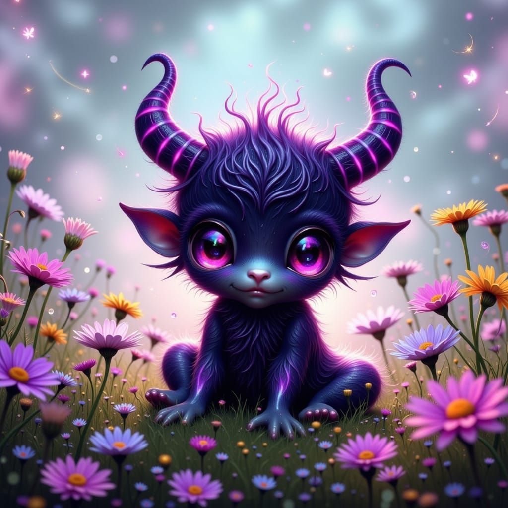 Whimsical Dark Violet Fae in a Vibrant Meadow