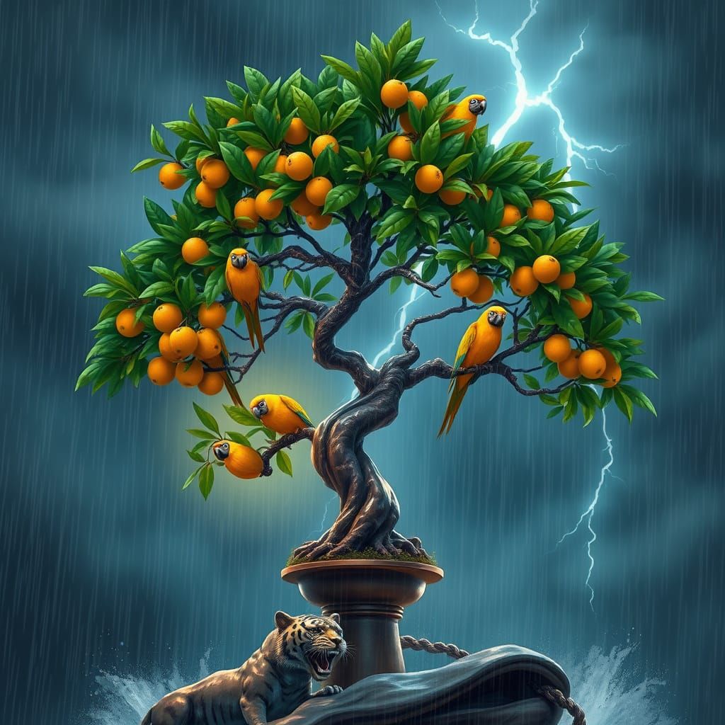 Tropical Storm Bonsai with Emerald Leaves and Vibrant Parrot...