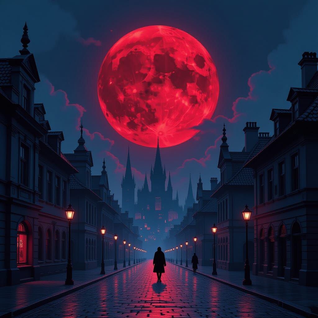 Blood Moon Cityscape with Eerie Shadows