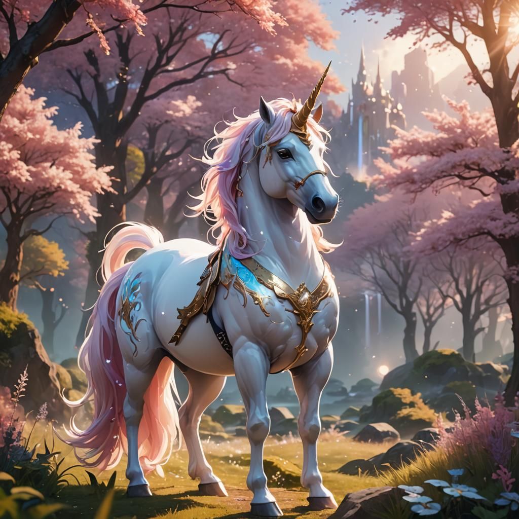 Anime Unicorn in Fantasy Landscape with Bokeh