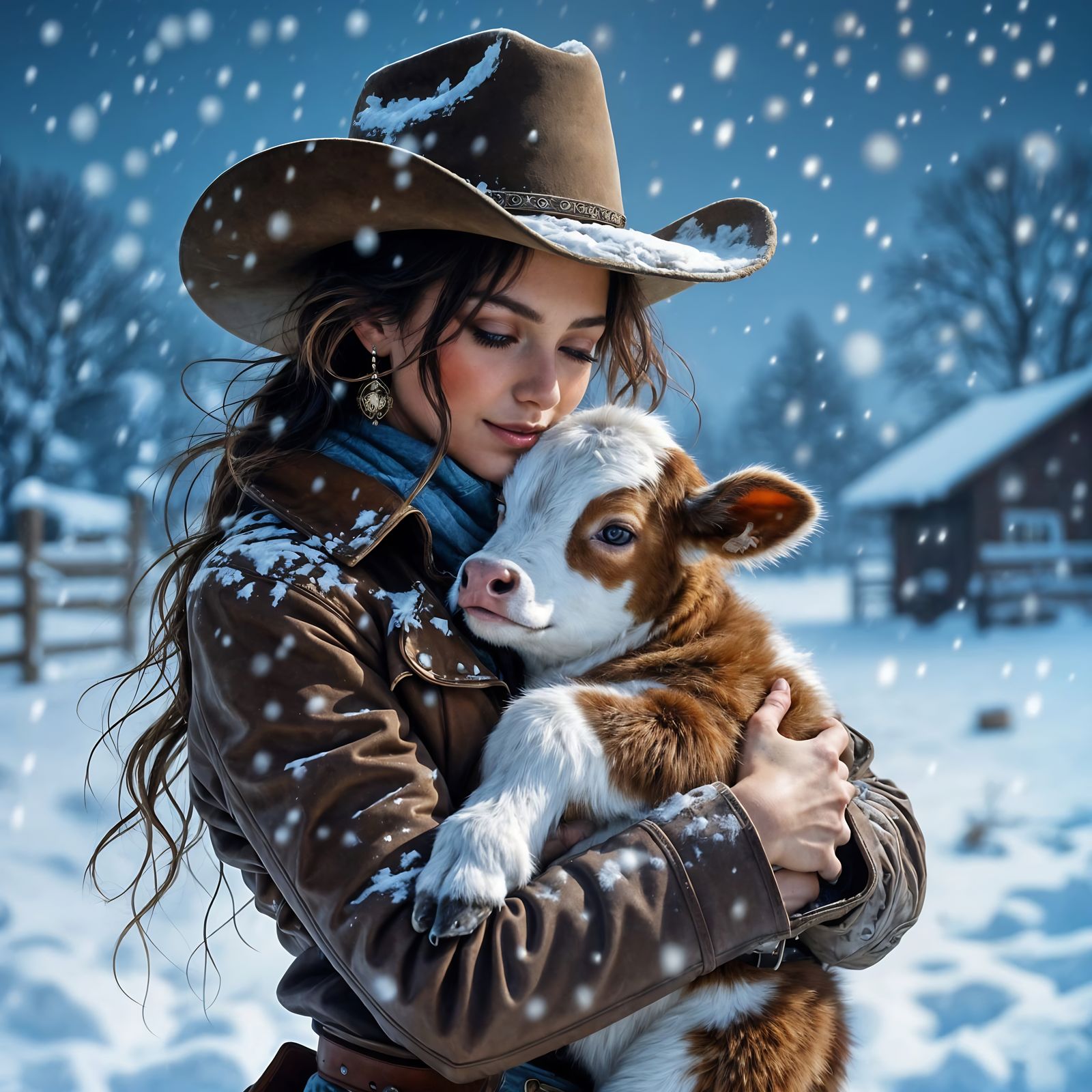 Cowgirl Protects Calf in Snowy Night Storm