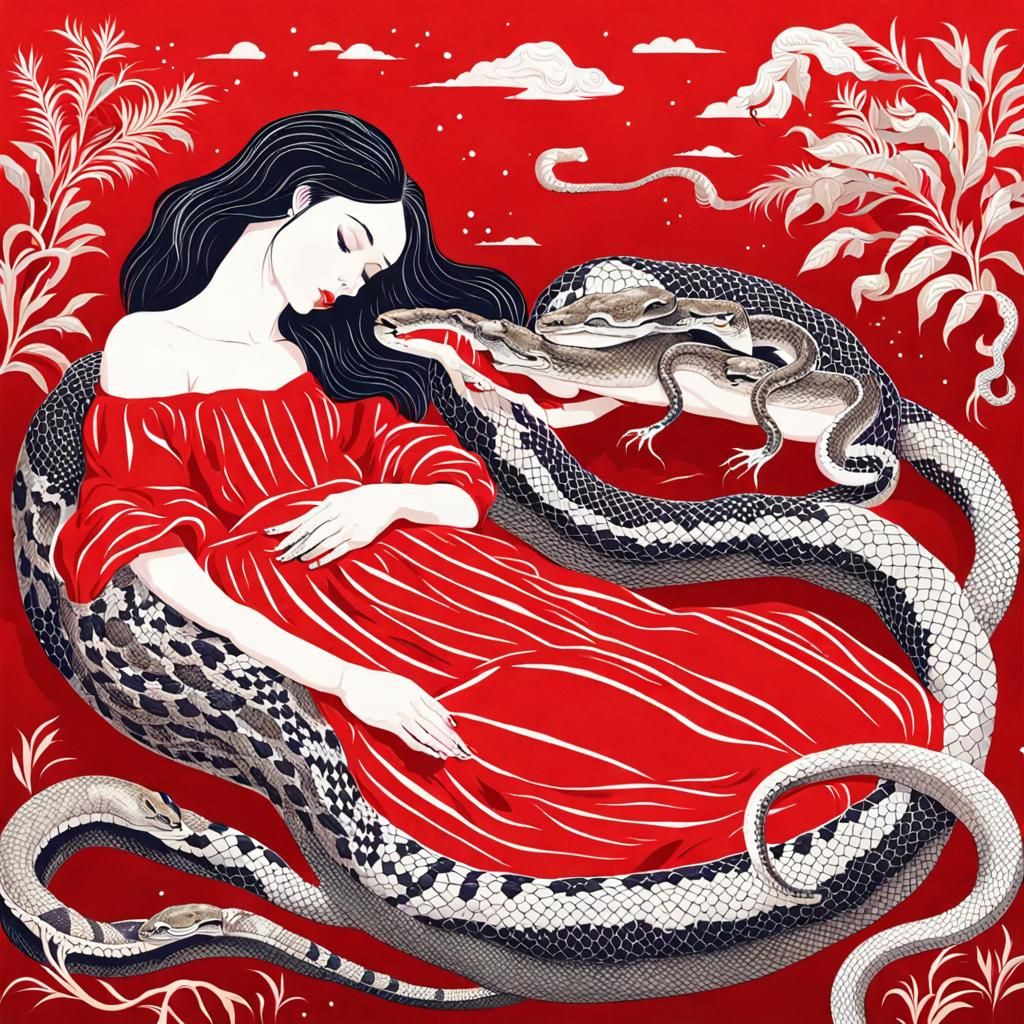 Serene Woman with Snake in Red